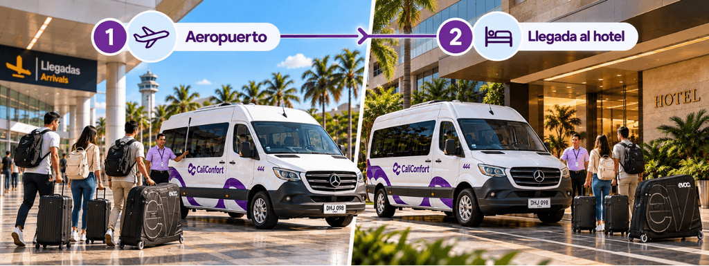 Transporte de CaliConfort desde el aeropuerto hasta el hotel para asistentes a El Giro de Rigo 2026