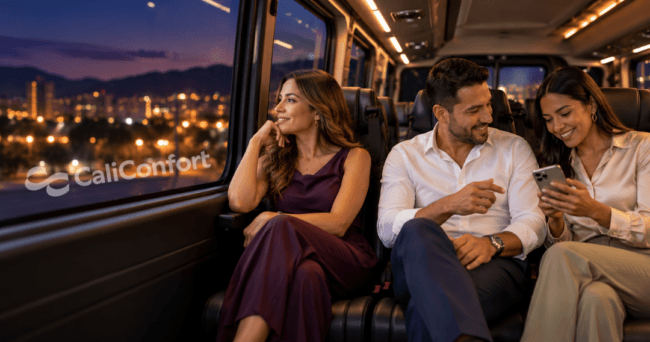 Colaboradores con vestuario formal regresan en un microbús de transporte empresarial después de la fiesta de fin de año de su empresa en Cali